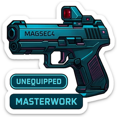 the image is the icon for a videogame  item. futuristic cyberpunk -ready to equip- it is master craftsmanship [ unequipped item ]
It is a magsec4 pistol with a mini-holo - neatly staged 3/4 profile view - orthographic horizontal perspective sticker