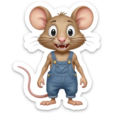 angry disheveled dizzy cartoon hillbilly rat wearing overalls no shirt. standing and talking full body. human eyes. teeth showing talking. walking talking moving arms. reacting upset sticker