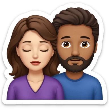 White woman (brown hair with eyes closed) and brown man with black wavy hair (has a a beard with his eyes closed too),The woman has her lips on the forehead of the man. sticker