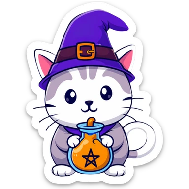 mystical cat with magic potion and witch hat sticker