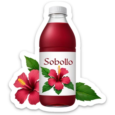 sobolo emoji (Ghanaian frink) in a plastic bottle and make the juice dark red  but a hibiscus on it and  write sobolo on it sticker