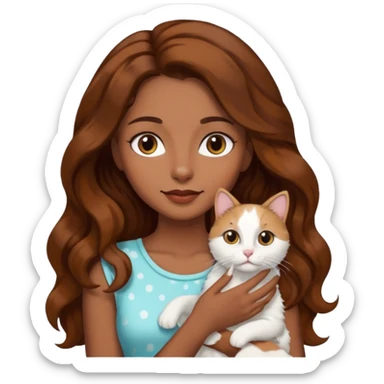 Chica morena con el pelo largo ondulado moreno con un gato en brazos blanco con manchas negras sticker