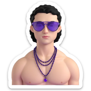 shirtless male athlete with white skin and moderately curly black hair on top with shaved sides, wearing purple sunglasses with very dark heavily tinted black lenses, and a simple plain black chain necklace, no earrings or other jewelry sticker