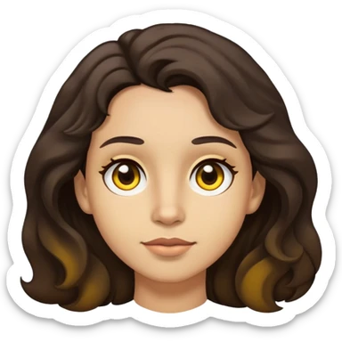piel blanca con subtono amarillo, cabello castaño oscuro ondulado, ojos café, lunar en mejilla izquierda  sticker