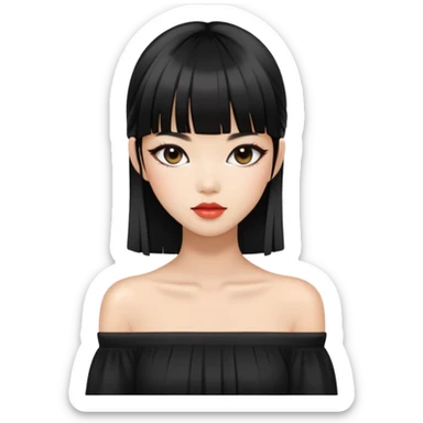 chic woman with Asian skin, black long straight bangs, wearing a black off-shoulder top, and makeup sticker