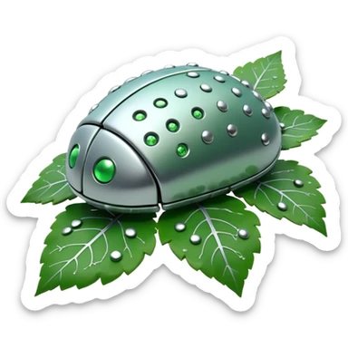 3D render of Nanobot Cloud, futuristic cyborg aesthetic, fusion of organic skin and chrome metal, swarm of tiny silver dots eating a green leaf, isolated on white background --v 6.0. sticker