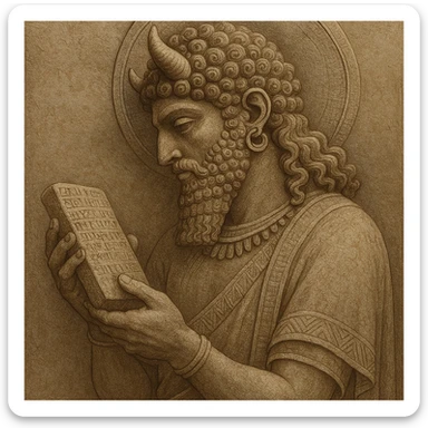 A Sumerian god with curly hair reading a clay tablet, ancient Mesopotamian attire, divine presence, intricate details, neutral background sticker