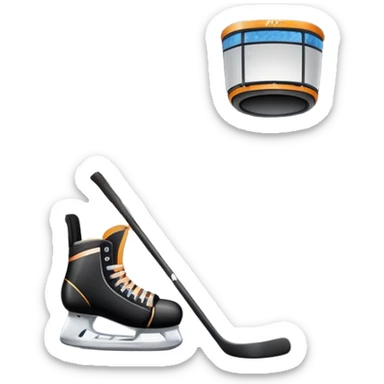 Please, make An icon featuring The background shows a packed stadium with cheering fans, bright arena lights, and an icy rink and close-up shots of key hockey equipment: a hockey stick, puck, and skates. Transparent background highlights the essentials of the game and the thrill of the sport. sticker