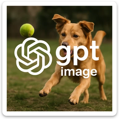  logo of chat gpt with text "gpt image" on the background of a dog chasing ball, realistic image sticker