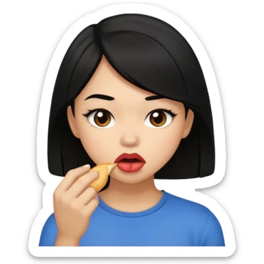 Brown light skin girl straight black hair biting her down lips and blushing sticker