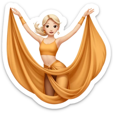 Emoji estilo ilustración de una mujer practicando danza aérea en tela, colgada en telas de seda, expresión feliz, estilo emoji moderno, colores suaves, fondo simple sticker