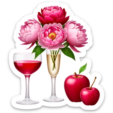 An elegant glass flacon in Champagne Pink glows softly next to vibrant Candy Apple Red peonies. The scene captures a perfect blend of sophistication and bold floral beauty." sticker