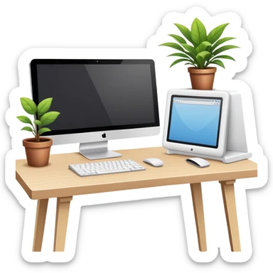 Clean and organized workspace desk with a computer monitor and a small potted plant, minimal clutter, organized office supplies sticker