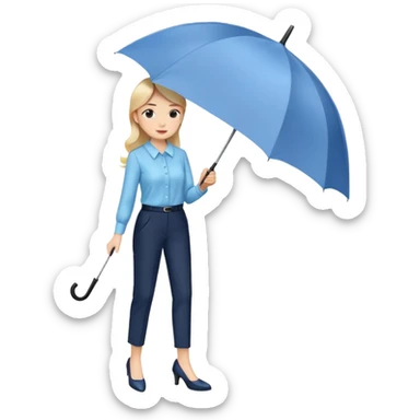 female smart light blue blouse, dark trousers, shoes. one hand holding an umbrella sticker