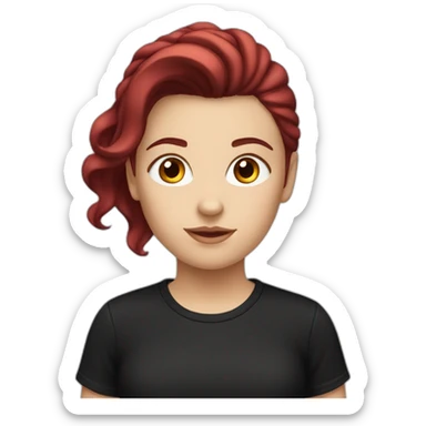 a white girl with burgundy hair in a black T-shirt sticker