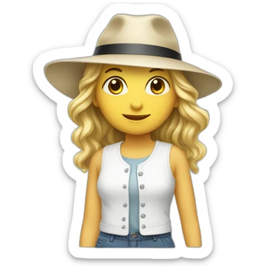 a girl with white shoes and a hat sticker