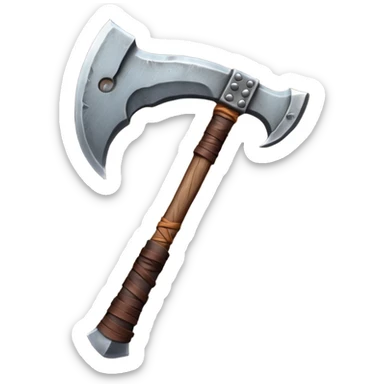 barbarian axe object icon, huge double-bladed axe, rough metal, wooden handle, leather wraps, fantasy style, 3D cartoon, mobile game icon style, centered, clean background, soft shadow, no text, no watermark
 sticker