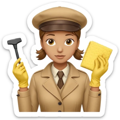a Detective man with beige hat, a beige coat is interviewing the cleaning Lady with Brown hair, high ponytail and yellow cleaning gloves sticker