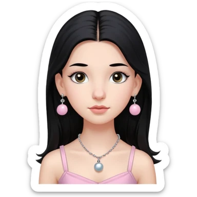 Menina branca ,cabelos longos cor preta , olhos cor preta puxados para cima. Cílios longos, lábios grossos ,nariz pequeno.vestido rosa claro de alça. Colar e brinco bolinha prata pequeno. Jovem de 16 anos  sticker