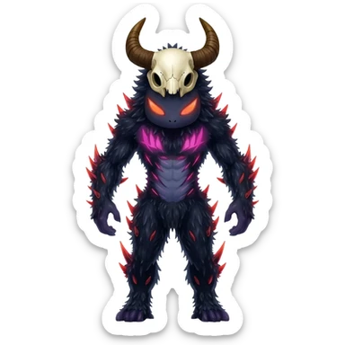 Shiny Dark Edgy  Duskull-Salandit-Inteleon-Amaura-Fakémon-hybrid-creature (full body) with a horned animal-skull-mask sticker