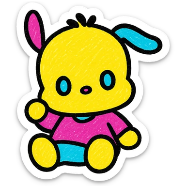 Sanrio Pochacco as a cute Popmart doll emoji, big round eyes, plushy texture, small body, playful pose, pastel colors, adorable expression sticker