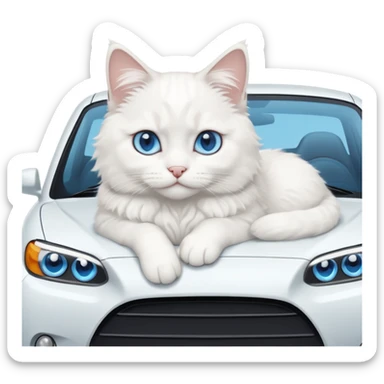 Please create a small emoji the size of 🚗 featuring a pure white cat with blue eyes on a white car side angle. sticker