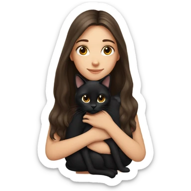 brunette brown girl with long hair snuggling black cat sticker