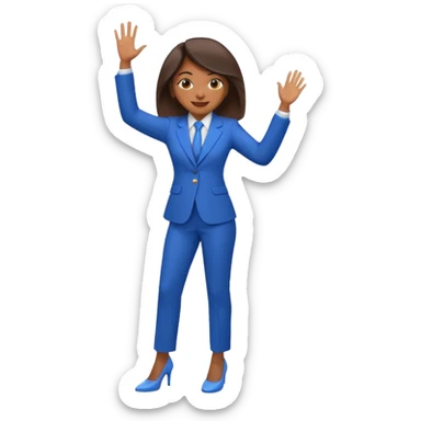 black woman in a blue smart suit and shoes, waving, friendly expression, emoji style sticker