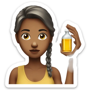 a girl looking annoyed at the phone in one hand and a oil bottle in another hand. She is beautiful but angry. sticker