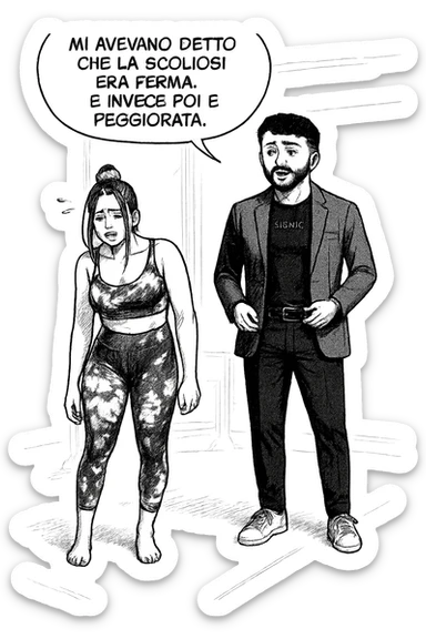 fai questa immagine in versione fumetto/manga/webtoon, il manga mostra la donna disperata con un fumetto sulla testa che dice:
Mi avevano detto che la scoliosi era ferma… e invece poi è peggiorata.
 sticker