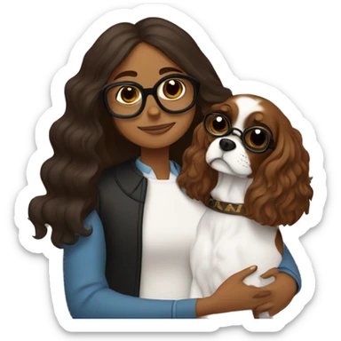 brown girl with squared glasses hugging a black and brown king charles spaniel  sticker