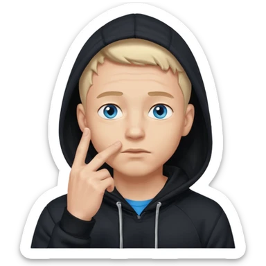 man in black hoodie in thinking pose, blue eyes, right hand raised, index finger touching his chin, eyes looking up to the top right sticker