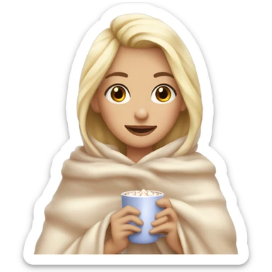 pretty blonde girl wrapped in big blanket drinking hot chocolate with marshmallows  sticker
