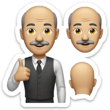 A middle-aged man behind a mustache with short hair and a little balding on the forehead shows a raised finger uphill sticker