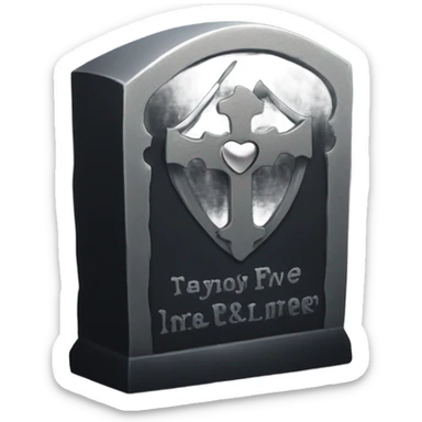 a black tombstone with the inscriptions in silver RIP and a silver heart sticker