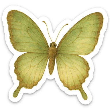 realistic whimsical green, brown and cream butterfly, natural colors, soft, fairy-like atmosphere, no background, square size sticker