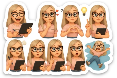 «Создай набор из 10 наклеек в стиле 3D cartoon  женского персонажа (30 лет выглядит моложе)  с прямыми светло русыми волосами ниже лопаток, светлой кожей, большими выразительными голубыми глазами, черные очки для зрения формы кошачий глаз, нос чуть с горбинкой.
Персонаж должен носить пастельную розово-бежевую тай дай футболку с вышивкой @ByUnicorn, голубые джинсы фасона мом, персонаж должен иметь разные выражения: смех до слез, задумчивость, влюбленность (с сердцами вокруг головы), улыбка и создает сердце руками, злость с паром из носа, растерянность (со знаком вопроса), наличие идеи (с зажженной лампочкой), плач со слезами из глаз, удивление с открытым ртом, лежит на спине раскинула руки и ноги в стороны в луже слез. Размер картинки не ограниченный, чтобы все наклейки вместились без обрезки. Стиль мультяшный  DreamWorks, мягкий свет, прозрачный фон, и добавь персонажу в руки графический планшет следи чтобы выглядело органично, красиво, не нарушая законы природы и физики, можешь добавить в другую руку перо от графического планшета, если это будет позволять смысл стикера» sticker