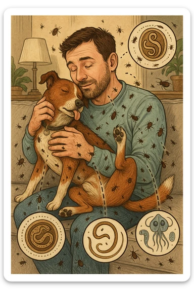 "Man cuddling with his beloved dog on couch, unaware that fleas, ticks, and worms are jumping from pet's fur onto his clothing, microscopic visualization showing roundworms, hookworms, and giardia transferring between species, expression of loving pet owner ignorant of health risks, living room becoming cross-contamination zone, pet's scratching and licking spreading parasites to human environment" in italiano sticker
