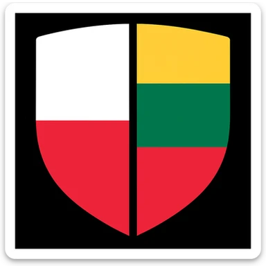 Correct the Polish flag side so it is a simple white top and red bottom horizontal bicolor, with no extra elements, in the split flag design with the Lithuanian flag. Maintain the style and composition of the original image. sticker