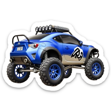 LCG Armored Dirty raced redneck jacked 2013 scion fr-s ultramarine off road 4wd monster Baja dessert stadium rock racer number 86 with long travel swing arm suspension, shiny silver wheels, exaggerated wide black fender flares and trailer  sticker