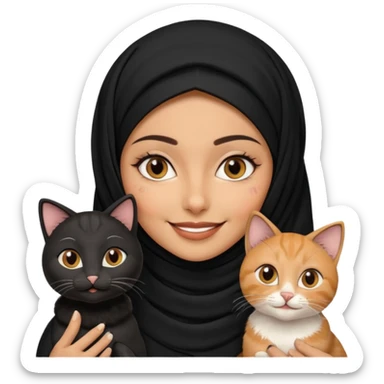 A Arabic woman human with brown eyes and black hijab. , the human is a human no cat ears, two cats, the both cats have the colour black and white in the same colour,  NO CAT EARS ON THE HUMAN  sticker