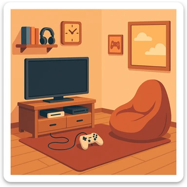 flat toon style gaming room with console, TV, and bean bag sticker