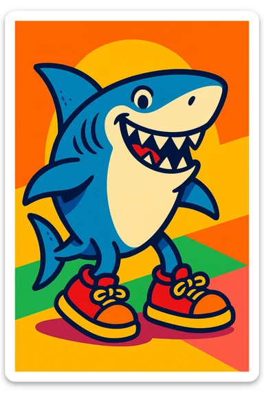 a shark wearing shoes, colorful cartoon style, vibrant and lively sticker