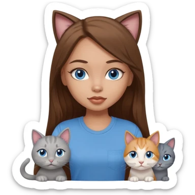 a pretty bratz dusky light skin girl with long brown hair, blue eyes with six cats nd wearing a grey tshirt sticker