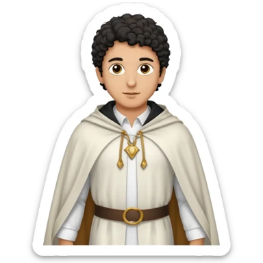 Apariencia: Joven de unos 25-30 años, atractivo,.
-Rostro: Ojos oscuros, piel ligeramente morena, rasgos árabes finos.
-Cabello: Negro, rizado corto, viste como cristiano (camisa blanca, capa corta, colores sobrios). Que salga de cuerpo completo sticker