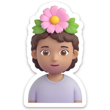 a boy with fluffy, wavy short hair and brown eyes, wearing a light grey t-shirt and a light pink flower on his head, 3D emoji style sticker