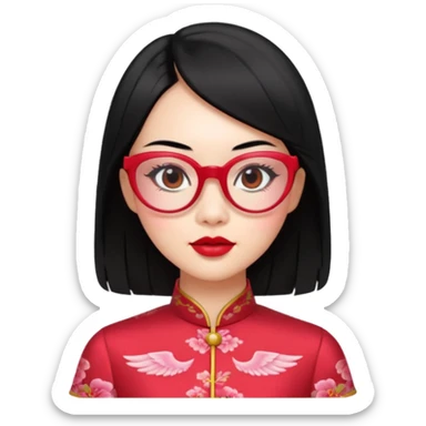 an Asian woman with mid-length black hair, wearing a red cheongsam, red lipstick, winged eyeliner, fair skin with a pink tint, small nose, full lips, transparent glasses sticker