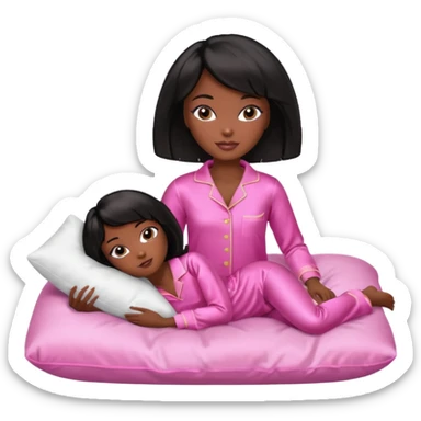 Dark skin Black barbie, short  black bob  hair, pink pajamas laying on pillow  sticker