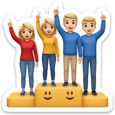 winners podium with three people, no numbers, middle step higher, all in relaxed casual clothes, center person raises one finger on each hand, cheerful expressive friendly emoji style sticker
