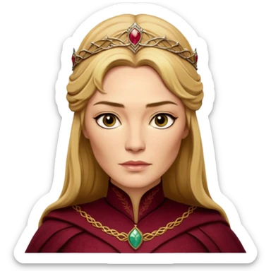 Cinematic Realistic Cersei Lannister Portrait, depicted with lifelike skin texture, subtle rosy undertones, and soft natural lighting that enhances the gentle contours of her face. Her intricately detailed golden blonde hair is elegantly styled , sticker
